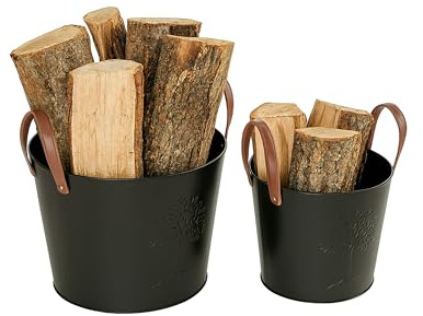 Relaxdays Lot de 2 paniers à Bois, Bois de Chauffage et d’allumage, métal, anses en Cuir, Motif Arbre de Vie, Noir/Braun