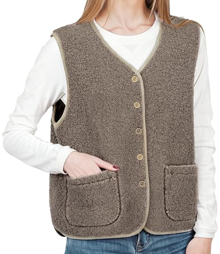 YMIFEEY Teddy, gilet in pile da donna, senza maniche, con orsacchiotto, elegante, in pile, per le mezze stagioni, per l'autunno, l'inverno e le attività all'aperto, marrone, L