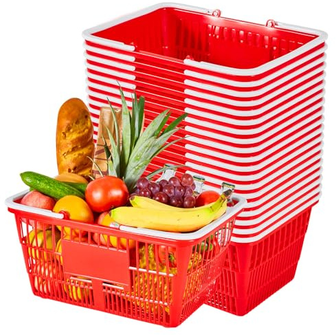 VEVOR Shopping Baskets, 20 PCS, 21L Stackable PE Plastic Grocery Baskets with Handles, Dense Mesh Structure, Holds up to 9.07kg, Portable for Grocery, Retail, Stores, Supermarket, Home Use, Red