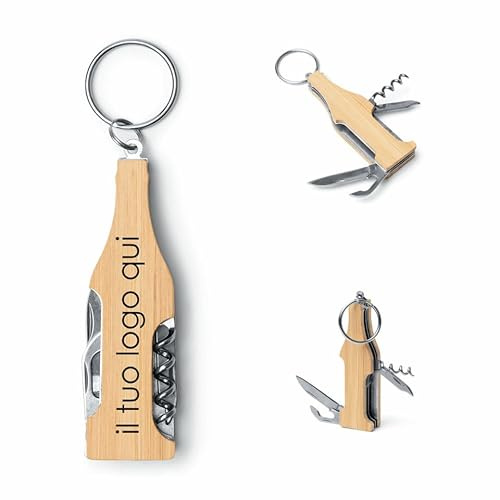 Set 10 Portachiavi Multiuso in Bambù Personalizzato, Made in Italy - Kit da 10 con Cavatappi, Coltellino e Apribottiglie in Acciaio - Gadget Personalizzabile per Pub, Bar, Enoteche e Ristorazione (10)