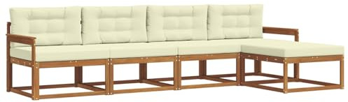 vidaXL Outdoor-Sofagarnitur mit Kissen 5 pcs Natur und Creme, Outdoor-Möbel-Set, modernes Patio-Sofa, wetterfestes Lounge-Set, Latten-Sofa, modulares Sofa
