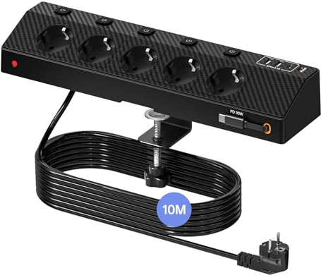 Mehrfachsteckdose Schreibtisch mit USB 30W, Verlängerungskabel 10M, Schwarz | 5 Fach Steckdosenleiste, Einzeln Schaltbar Tischsteckdose, USB-C Einziehkabel, Steckdose mit Überspannungsschutz für Zuhause