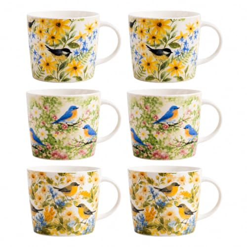 Set of 6 New Bone China Bird & Floral Mugs 350ml – Assorted Garden Wildlife Tea Coffee Cups with 3 Nature Inspired Designs – 10cm x 9cm Decorative Mug Set Microwave & Dishwasher Safe