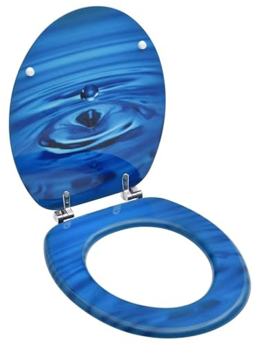 QUAHEAS Asiento de inodoro con tapa MDF azul diseño de gotas de agua, bisagras ajustables 12-20 cm, resistente y fácil de limpiar, apto para todo tipo de inodoros