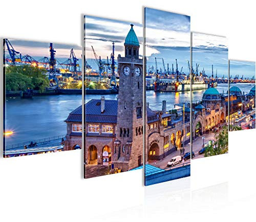 Runa Art Wandbilder Hamburg 5 Teilig Bild auf Vlies Leinwand Deko Wohnzimmer Schlafzimmer Stadt Hafen Blau 603052a