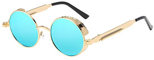 BOZEVON Punk Runde Sonnenbrille - Klassische Metall Radfahren Retro Sonnenbrille für Damen & Herren Gold-Blau