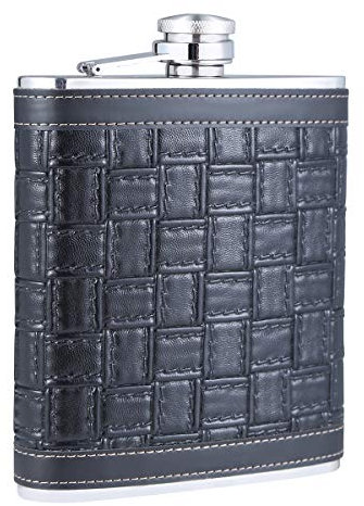 TANEAXON Flasque à Whisky en Acier Inoxydable Grande Capacité avec Emballage en Cuir Motif carré Noir 530 ml