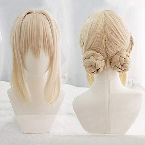 Violet Evergarden Short Light Blonde Braid Hair With Two Buns Heat Resistant Hair Cosplay Costume Wig + Free Wig Cap