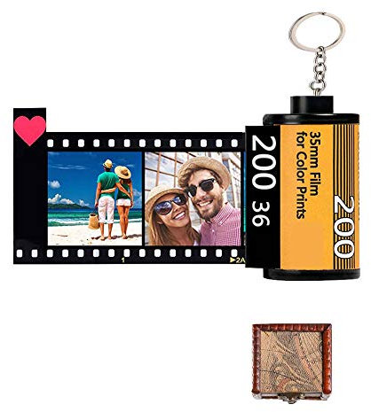 Jinlinjew Personalized Keychains with Colorful Picture - Camera Film Roll Key Rings Custom 10 Photo + Text Photo Reel Album with Wooden Gift Box, Great Christmas Birthday Gift