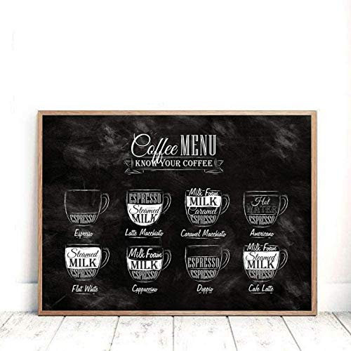 HHLSS Druck auf Leinwand 40x50cm ohne Rahmen Schwarz-Weiß-Kaffee-Menü Poster Retro-Kunstdruck Nordic Bar Pub Coffee Shop Schild Dekoration Bild Familie
