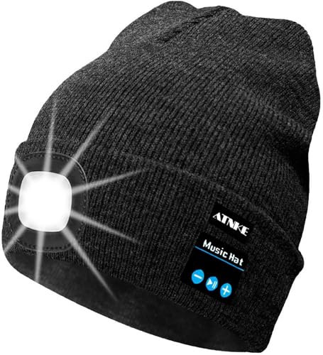 ATNKE LED beleuchtete Bluetooth-Beanie-Kappe, wiederaufladbare USB-Musikalische Laufmütze mit extrem hellem 4-LED-Licht wasserdichte Lampe für das Skifahren Wandern Camping Radfahren (Dunkel Grau)