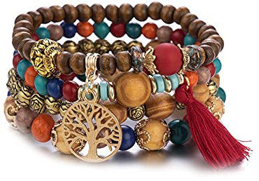 YCYUYK 1 x Damen-Armband, mehrlagiges, buntes Perlenarmband, böhmische Holzperlen, Baum des Lebens, Quasten-Zubehör, Holz