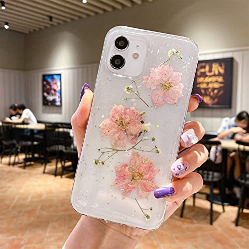 Jacyren iPhone 7 Plus Hülle, iPhone 8 Plus Handyhülle Getrocknete Blumen Case Kristall Gel Schutzhülle Blume Bumper Ultradünn Cover Schale Silikon Schutzhülle für iPhone 7 8 Plus, 3 Rosa Blume Glitzer