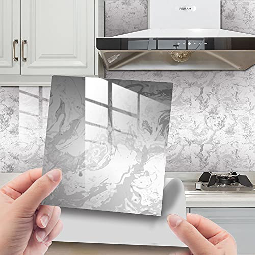 HORIWE Marble Tile Stickers for Kitchen Bathroom Backsplash PVC Waterproof Oil Proof DIY Self Adhesive New Wall Stickers Home Decor 4x4 Inches 20pc (White Marble Pattern 3, 10x10cm(4x4))