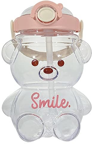 Merrwon Cute Teddy Bear Water Bottle, Kawaii Bear Shaped Water Bottle with Straw and Stickers Bear Drinks Bottle, Leak Proof Drinking Water Bottle with Shoulder Strap for Girls Travel School 1.4L