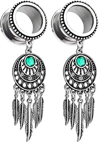 Aotiwe Earplug, Ear Piercing Men Blätter Baumeln mit Grünem Zirkonia Silber 24mm 15/16 Inch Edelstahl 2Pcs