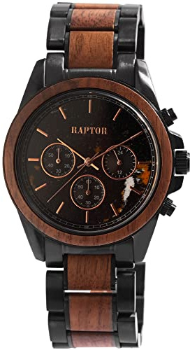 Raptor Chiko Herren-Uhr Chronograph Holz Marmor Edelstahl Analog Quarz RA20369 (Walnussholz schwarz)