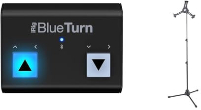 IK Multimedia iRig BlueTurn, Schwarz/Weiß & K&M 19793 Tablet-PC-Stativ Schwarz - massiv, schwenk- und drehbar bis 90° - Dreifuß - Stabil und flexibel ausziehbar