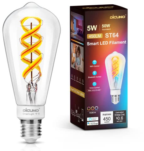 DiCUNO Smart vintage Glühbirne E27, 5W Filament ST64 Edison, LED intelligente Birne 450lm, RGBCCT Dimmbar 2700-6500K, via APP steuerbar, kompatibel mit Alexa, Echo Dot, Google Home, 230V, 1er-Pack