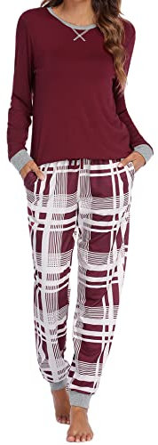 Ekouaer Schlafanzug Damen Lang Kurzarm Pyjama Set Nachtwäsche Set Zweiteiliger mit Damen Karierte Pyjamahose und Shirt Rundhals Elastischer Bund Taschen Sleepwear,Rot,L