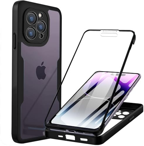 Hülle Kompatibel mit iPhone 15 Pro Handyhülle 360 Stoßfest Schutzhülle Rundumschutz Cover Case mit Eingebautem Displayschutz Robust Durchsichtig Transparent Handyhülle für iPhone 15 Pro, Schwarz
