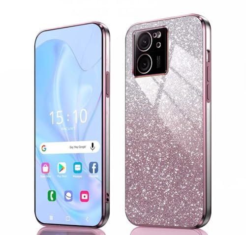 GOKEN Hülle für Xiaomi 13T Pro/Xiaomi 13T - Stoßfeste Schutzhülle, Handyhülle mit Weichem TPU Silikon, Elektroplattierten Kanten und Integrierter Glitzerkarte mit Glitzer, Cover Case, Verlauf Rosa