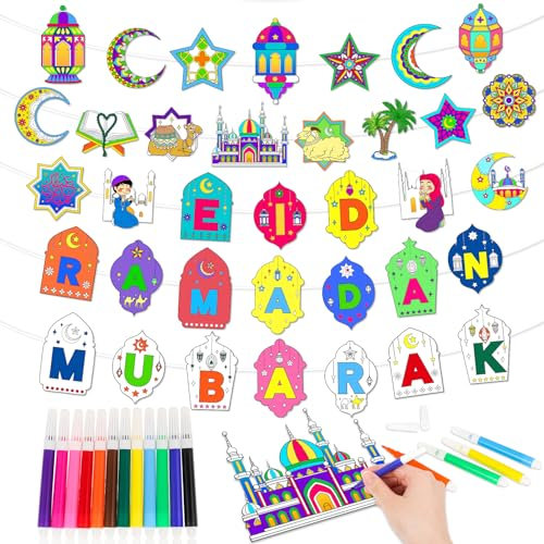 HOWAF Ramadan Eid Mubarak Banner zum Bemalen, Papier Eid Mubarak Girlande Ramadan Deko Banner Eid Mubarak Dekoration für Islamische Muslimische Eid Mubarak Geschenke Ramadan Geschenke Kinder