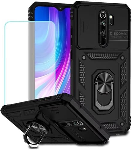 Jhxtech for Redmi Note 8 Pro Case/M1906G7I Case with Tempered Glass Screen Protector and Slide Camera Cover, Magnetic Ring Car Mount Holder Kickstand Protective Cover for Xiaomi Redmi Note 8 Pro Black