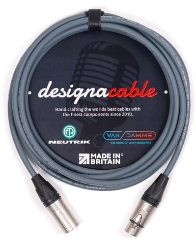 designacable.com 50m - Grey Balanced XLR to XLR Cables - Handmade in the UK using Van Damme XKE Microphone Cable & Neutrik Female NC3FXX & Male NC3MXX XLRs.