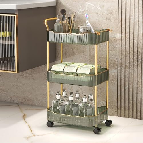 Wiodeiv Acrylic Storage Trolley, Bathroom Kitchen Rolling Utility Cart Mobile Organization Shelves with Handle And Lockable Wheel,Green,3 Tier