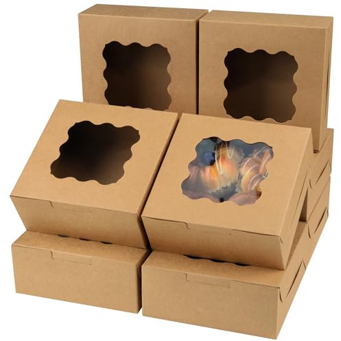 AWCIGG 20 Stück Gebäckkarton mit Sichtfenster 15,3x15,3x6,35 cm Tortenschachtel Kraftpapier Box Quadratische Braune Geschenkbox für Cookies Cupcakes Macarons Kuchen Weihnachtsfeier