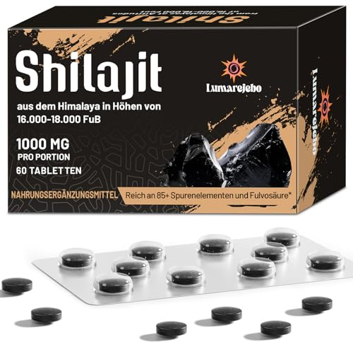 Shilajit Tabletten 30.000 mg, 100% Reine Hochdosiert Hochkonzentriertes Shilajit, Reich an 60% Fulvosäure und Mineralien, 10:1 Extrakt, Praktischer als die Harzform (60 Tabletten)