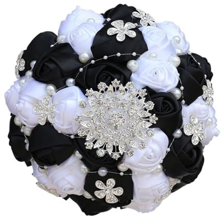Fasksh Handgefertigtes Band Hochzeit Rose Blumen Strass Brautsträuße Perle Brautstrauß (Farbe: 18 cm schwarz weiß)