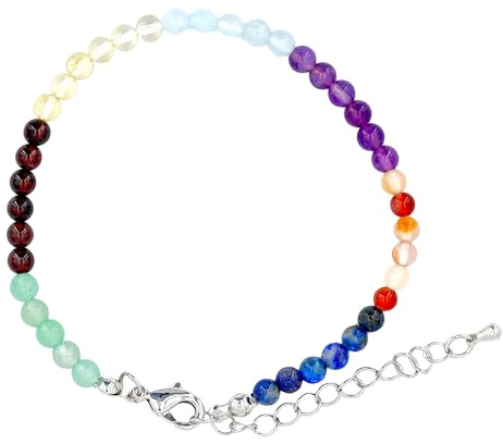 Taddart Minerals Bracelet de cheville coloré en pierres précieuses chakras naturelles avec boules de 4 mm et rallonge – Fait main, 20 cm