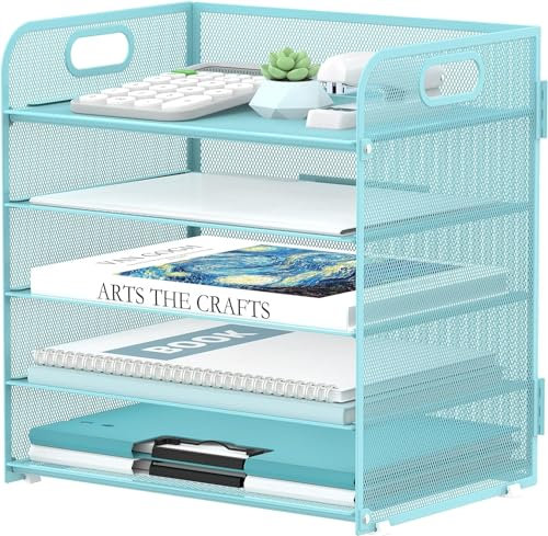 SUPTIDY Schreibtisch Organizer mit Griff, 5-stöckiges Papier Briefkasten Organizer, Dokumentenablage Büro Organizer für Zuhause und Schule, Blau