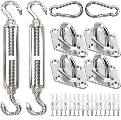 Kit de Fixation Voile d'ombrage,Fixation Toile Ombrage Triangulaire,Mat de Fixation pour Voile d'ombrage avec Crochets 304 Mousqueton INOX,Tendeur Voile Ombrage,Convient pour Pergola Terrasse, Jardin