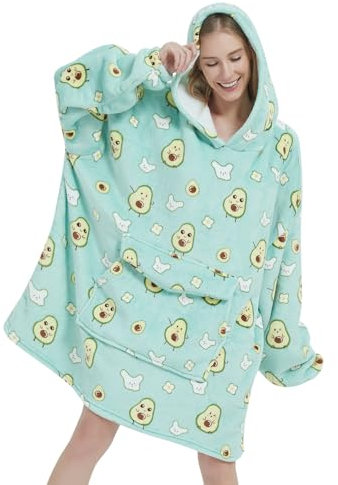 Mewkou Decke für Erwachsene, tragbare, übergroße Sherpa-Fleece-Decke, Hoodie für Damen und Herren, niedliche Avocado