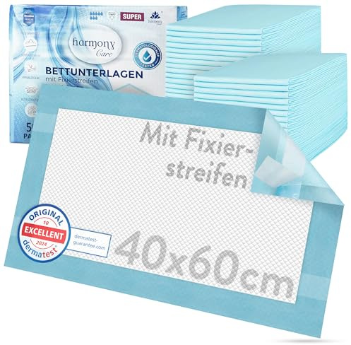 Harmony Care® 50 x rutschfeste Inkontinenz Bettunterlage, saugstarke Wickelunterlage, 6-lagig - 40 x 60 cm saugstarke Krankenunterlagen - Welpenunterlage einweg