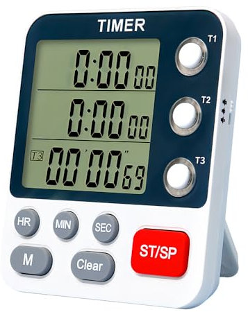Digitaler Timer und Stoppuhr, Digitale Küchentimer Küchenuhr Eieruhr, 3 Kanal Klassenzimmer Timer mit 3 Stufig Einstellbarer Lautstärke für Kochen Backen Sport Lernen