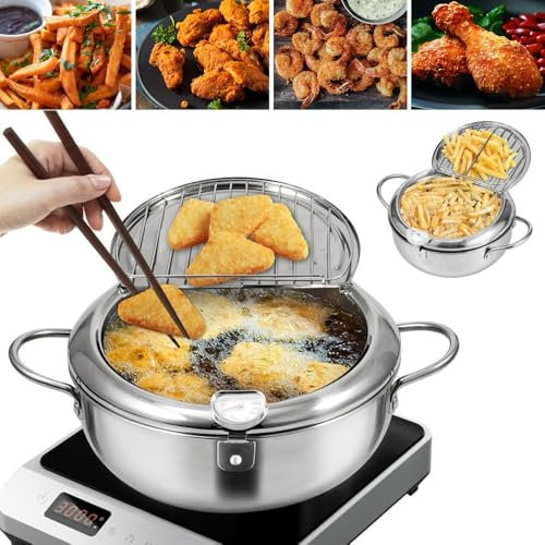 Stainless Steel Deep Fryer, 2025 New Japanese Deep Fryer Pot, Stainless Steel Deep Frying Pan with Lid, Temperature Control & Oil Drip Drainer Filter Rack for Kitchen Home Use (20cm/7.9in)