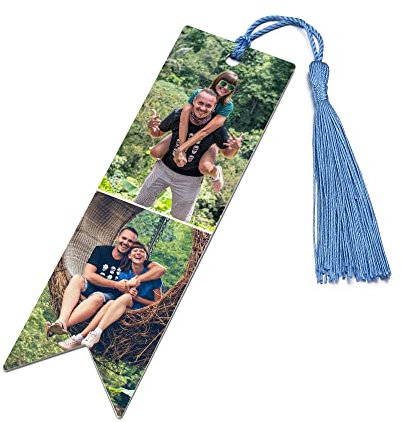 GEHECRST Personalisiert Lesezeichen mit Foto Gravur Metall Bookmark Blau Quasten Buchzeichen Handgefertigt Buch Zubehör Personalisiert Geschenk für Lehrer Schüler Leser Damen Herren (2 Fotos)