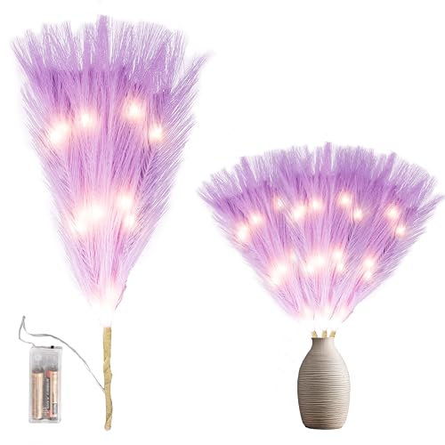 45cm Prelit Purple Pampas Grass Stem, Warm White LEDs Battery-Operated Christmas Artificial Flowers for Boho Wedding Bedroom Living Room Decorations