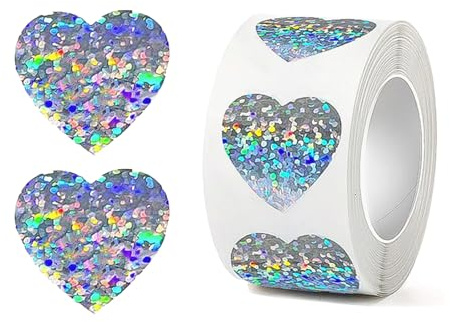CXNXFD 500 Stück Herz Silber Aufkleber,Heart Sticker für Hochzeiten Scrapbooking Geschenke,Holografische, 2,5 cm, pro Rolle, Silber Glitzer