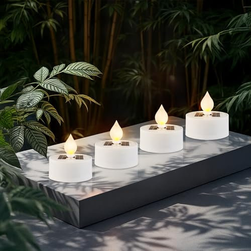 Solar LED Teelicht 5cm mit Flammen Effekt warm weiß - 4er Set - Künstliche Kerze für Außen mit Flackereffekt - Garten Tisch Deko Beleuchtung Outdoor Solarkerze Teelichter flackernd wiederaufladbar