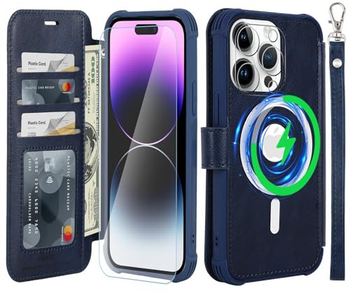 VANAVAGY Wallet Case Compatible for iPhone 14 Pro Max for Magsafe Wireless Charging,Leather Flip Wrist [Glass Screen Protectors]with RFID Blocking Card Holder,Navy blue