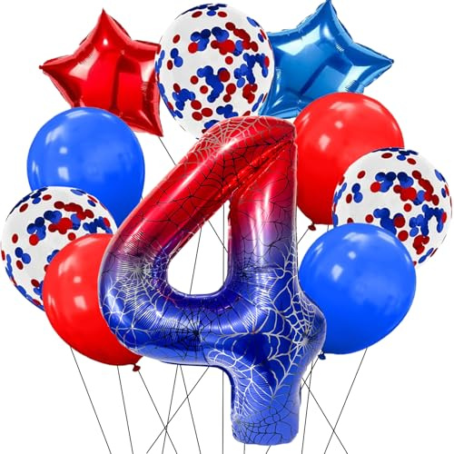 DazzJoy Spidey Geburtstagsdeko 4 Jahre Junge, Spider Luftballon 4 Jahre, Spinnen 40 Zoll 4 Luftballons Zahl, Spidey Deko Geburtstag 4 Junge, Spider Helium Ballon 4. Geburtstag Jungen