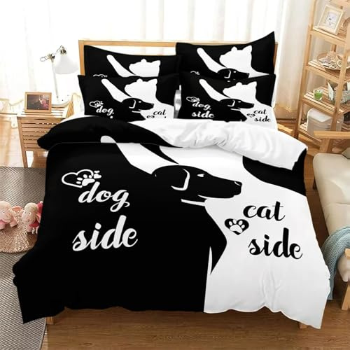 AOXHFNV Bettwäsche-Set aus der Schwarz-Weiß-Serie Dog Side and Cat Side Motiv Bettbezug Paar Bettwäsche Set Schwarz Weiß Doppelbett (Dog Cat Side, 135×200cm)
