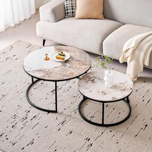 GrandCA HOME Runde Couchtische zum Ineinanderstapeln, 2er-Set, Moderne Wohnzimmertische mit Schwarzem Metallrahmen, 60 cm und 80 cm Große Pandora-Beistelltische aus Gesintertem Stein