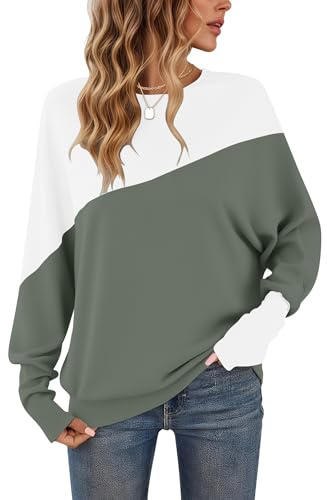 WNEEDU Camiseta de Manga Larga con diseño de Bloques de Color para Mujer | Túnica casual para mujer con cuello redondo mangas con puños en estilo patchwork y diseño tipo suéter