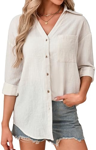 Enmain Chemiser Lin Femme Col en V Manches Longues Chemise Beige Femme Chic et Elegant Respirante Légère Haut à Boutons avec Poche Poitrine pour Détente Quotidienne Café Taille M